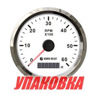 Тахометр 0-6000 об/мин со счетчиком моточасов делитель 1-10, белый циферблат, нержавеющий ободок, Marine Rocket (упаковка из 30 шт.)