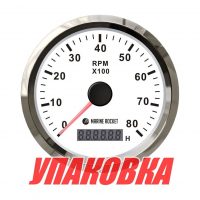 Тахометр 0-8000 об/мин со счетчиком моточасов делитель 1-10, белый циферблат, нержавеющий ободок, Marine Rocket (упаковка из 10 шт.)