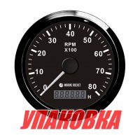 Тахометр 0-8000 об/мин со счетчиком моточасов делитель 1-10, черный циферблат, черный ободок, Marine Rocket (упаковка из 8 шт.)