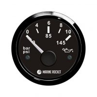 Указатель давления масла 0-10 бар, черный циферблат, черный ободок, д. 52 мм, Marine Rocket